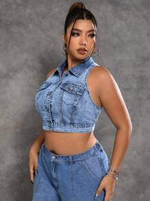 SHEIN ICON 大碼翻蓋口袋前紐扣短款牛仔上衣 - 中等水洗藍 - 查看 5