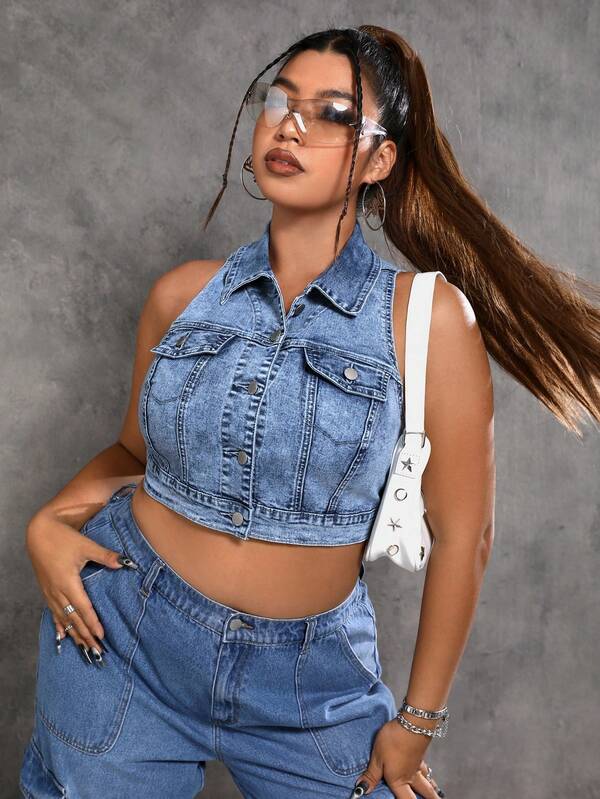 SHEIN ICON 大碼翻蓋口袋前紐扣短款牛仔上衣