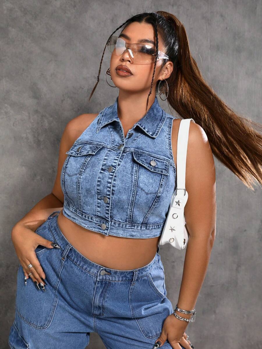 SHEIN ICON 大碼翻蓋口袋前紐扣短款牛仔上衣 - 中等水洗藍 - 查看 1