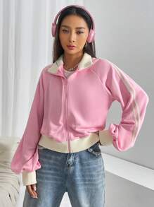 SHEIN EZwear Khối màu Tay Raglan Dây kéo Áo khoác - Hồng - Xem 1