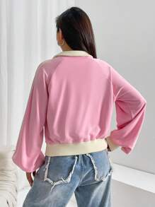 SHEIN EZwear Khối màu Tay Raglan Dây kéo Áo khoác - Hồng - Xem 2