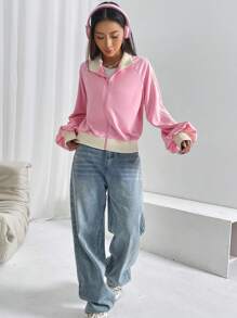 SHEIN EZwear Khối màu Tay Raglan Dây kéo Áo khoác - Hồng - Xem 3