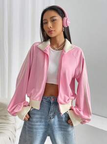 SHEIN EZwear Khối màu Tay Raglan Dây kéo Áo khoác - Hồng - Xem 5