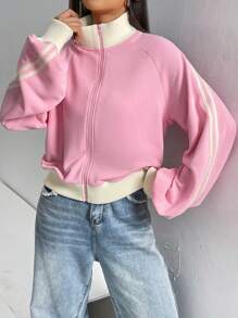 SHEIN EZwear Khối màu Tay Raglan Dây kéo Áo khoác - Hồng - Xem 6