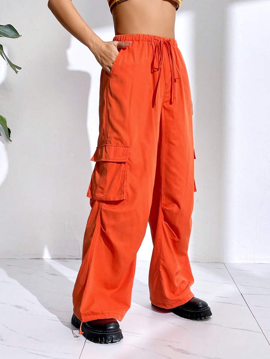 SHEIN Coolane Flap Pocket Side Drawstring Waist Cargo Trousers - Orange - View 1