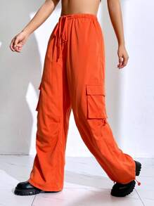 SHEIN Coolane Flap Pocket Side Drawstring Waist Cargo Trousers - Orange - View 3