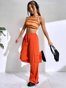 SHEIN Coolane Flap Pocket Side Drawstring Waist Cargo Trousers - Orange - View 4