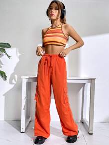 SHEIN Coolane Flap Pocket Side Drawstring Waist Cargo Trousers - Orange - View 5