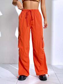 SHEIN Coolane Flap Pocket Side Drawstring Waist Cargo Trousers - Orange - View 6