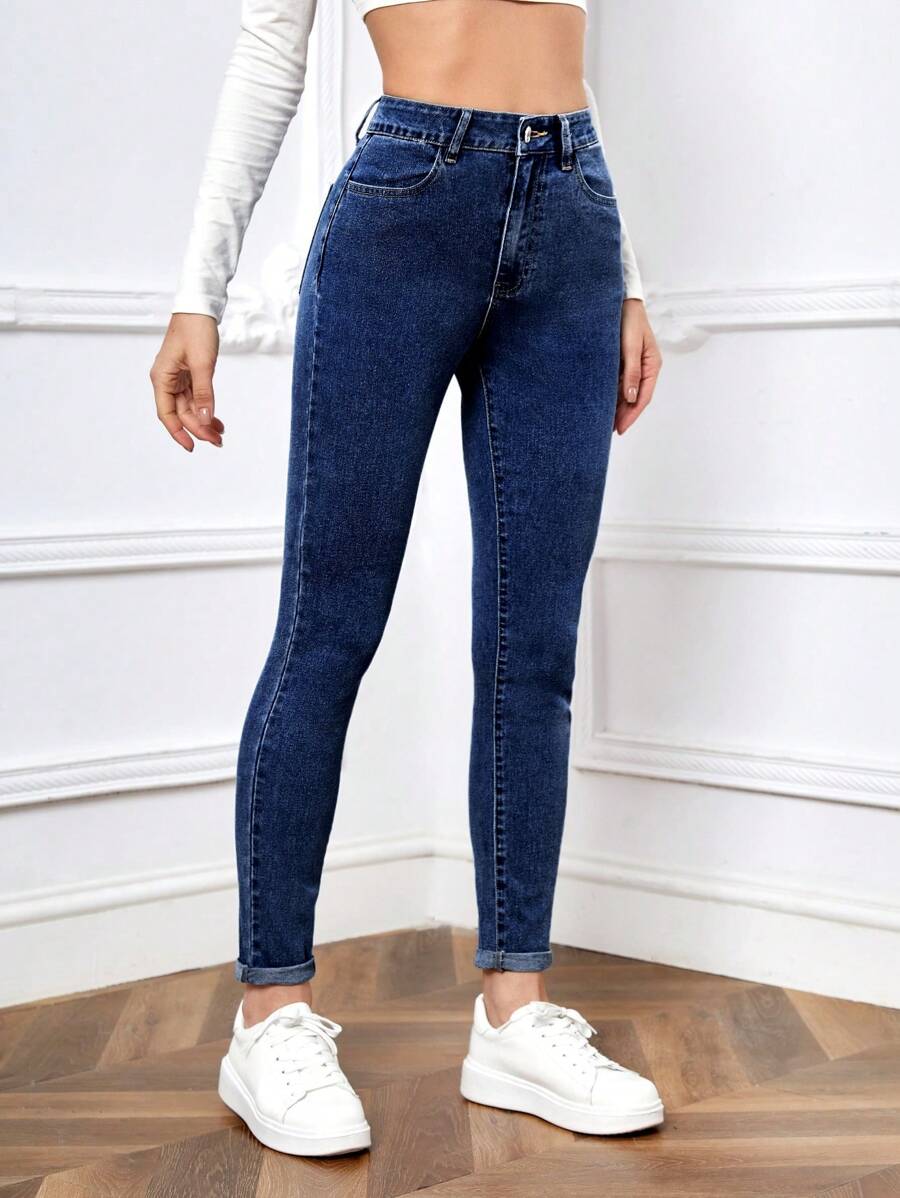 高腰緊身牛仔褲 - 寶藍色 - 查看 1