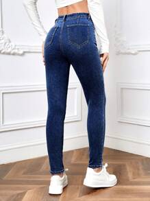 高腰緊身牛仔褲 - 寶藍色 - 查看 3