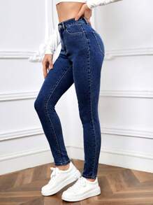 高腰緊身牛仔褲 - 寶藍色 - 查看 4