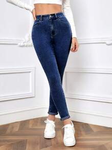 高腰緊身牛仔褲 - 寶藍色 - 查看 5