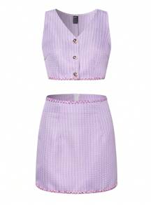 SHEIN Unity Viền tương phản Nút phía trước Áo ba lỗ & Váy - Màu tím hoa cà - Xem 1