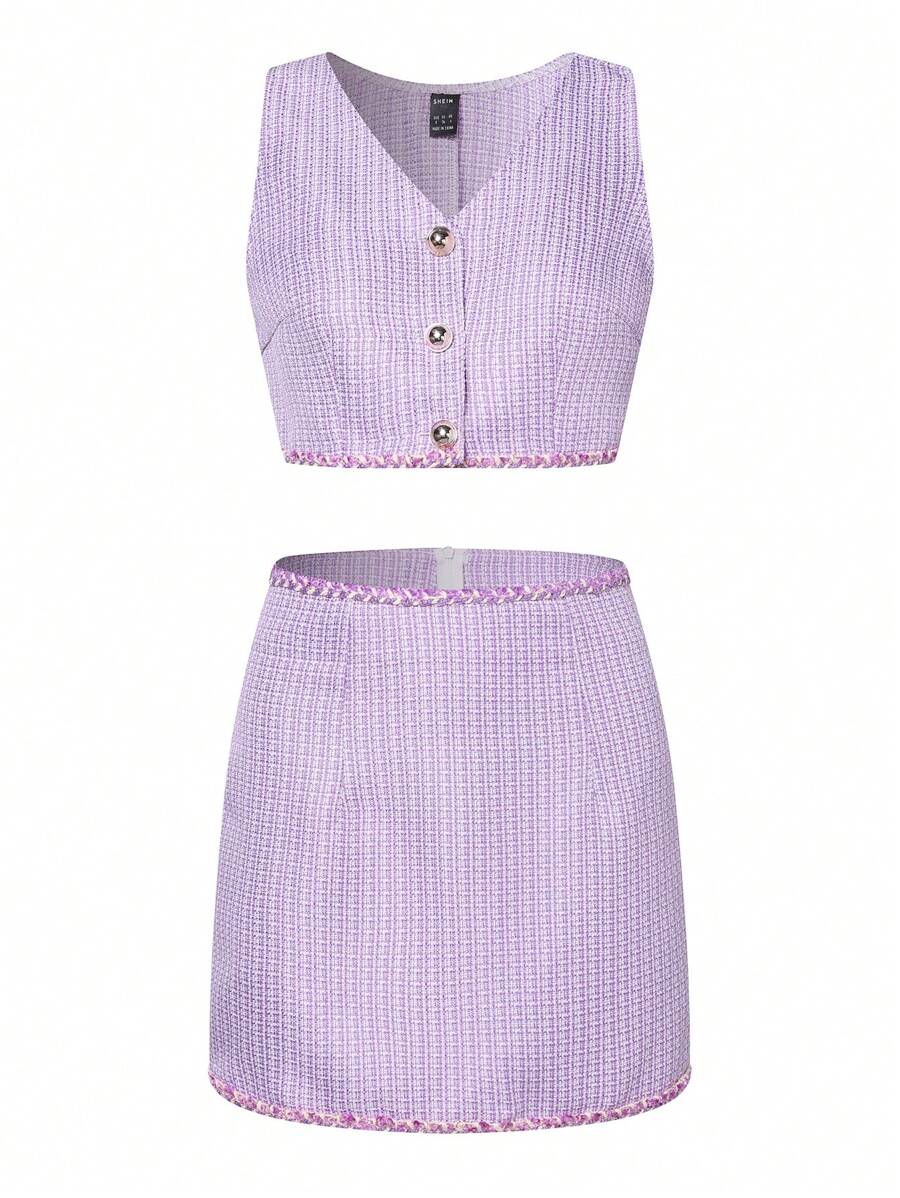 SHEIN Unity Viền tương phản Nút phía trước Áo ba lỗ & Váy - Màu tím hoa cà - Xem 1