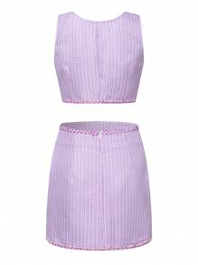 SHEIN Unity Viền tương phản Nút phía trước Áo ba lỗ & Váy - Màu tím hoa cà - Xem 2