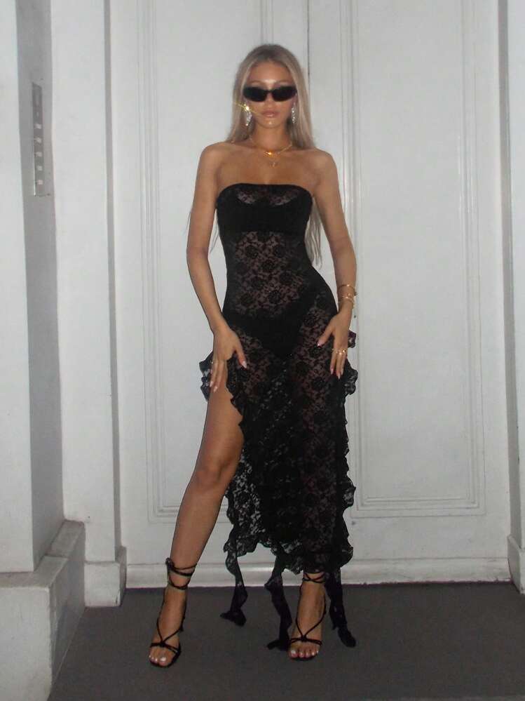 SHEIN ICON Schwarzes Kleid für Ausgehen mit Schlitz, Fransen-Saum und Tüll - Schwarz - Übersicht 5