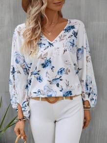 SHEIN VCAY Floral Print Lantern Sleeve Blouse - Multicolor - View 1