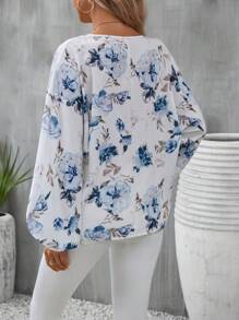 SHEIN VCAY Floral Print Lantern Sleeve Blouse - Multicolor - View 2