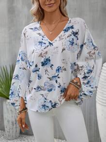 SHEIN VCAY Floral Print Lantern Sleeve Blouse - Multicolor - View 3
