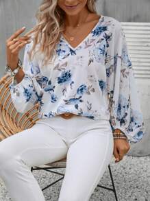 SHEIN VCAY Floral Print Lantern Sleeve Blouse - Multicolor - View 6