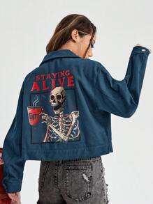 Eduely 骷髏和標語圖案翻蓋細節夾克 - 水鴨藍 - 查看 1