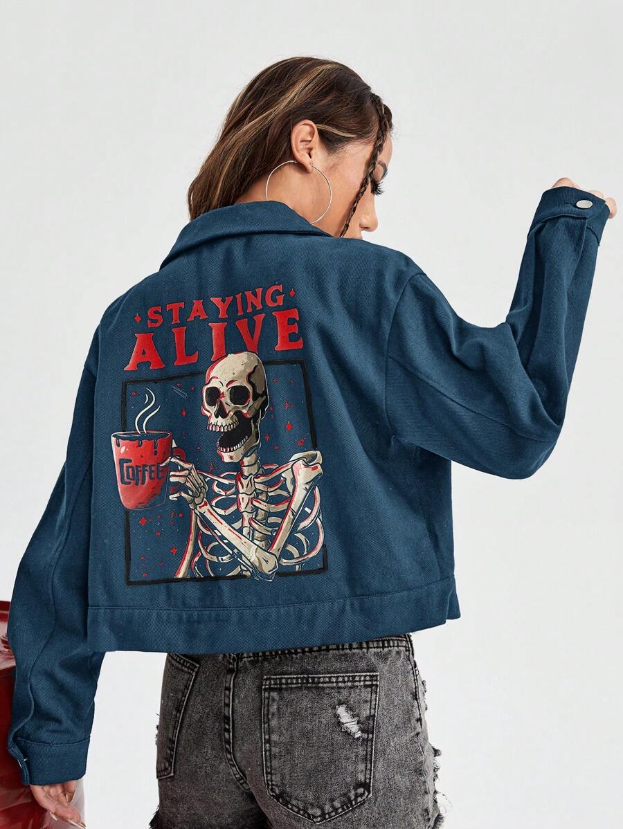Eduely 骷髏和標語圖案翻蓋細節夾克 - 水鴨藍 - 查看 1