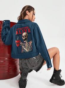 Eduely 骷髏和標語圖案翻蓋細節夾克 - 水鴨藍 - 查看 5