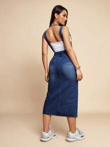 SHEIN ICON Vestido overol mezclilla de muslo con abertura sin top tubo - Azul lavado oscuro - Ver 2
