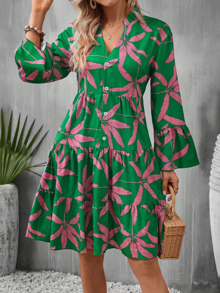 SHEIN VCAY 滿版印花荷葉袖荷葉邊連衣裙