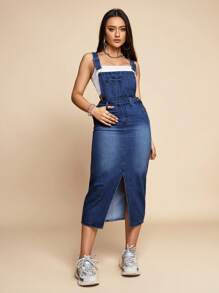 SHEIN ICON Vestido overol mezclilla de muslo con abertura sin top tubo - Azul lavado oscuro - Ver 4
