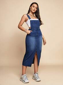 SHEIN ICON Vestido overol mezclilla de muslo con abertura sin top tubo - Azul lavado oscuro - Ver 5