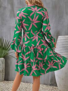 SHEIN VCAY 滿版印花荷葉袖荷葉邊連衣裙