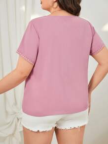 SHEIN Frenchy 大碼鏤空蕾絲花邊前紐扣襯衫 - 藕粉色 - 查看 5