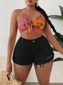 SHEIN SXY Talla grande Shorts en mezclilla desgarro bajo crudo - Negro - Ver 3