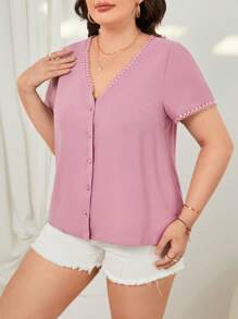 SHEIN Frenchy 大碼鏤空蕾絲花邊前紐扣襯衫 - 藕粉色 - 查看 6