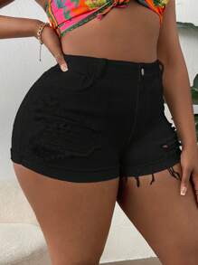 SHEIN SXY Talla grande Shorts en mezclilla desgarro bajo crudo - Negro - Ver 4
