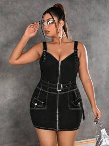 SHEIN ICON 大碼拉鏈開襟腰帶牛仔裙 - 黑色 - 查看 3