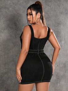 SHEIN ICON 大碼拉鏈開襟腰帶牛仔裙 - 黑色 - 查看 2