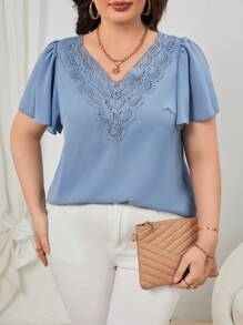 SHEIN Frenchy Plus Guipure Lace Panel Butterfly Sleeve Blouse