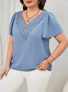 SHEIN Frenchy Plus Guipure Lace Panel Butterfly Sleeve Blouse