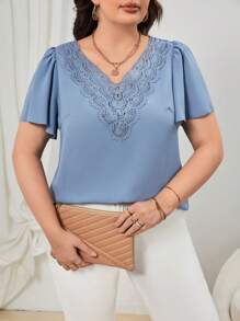 SHEIN Frenchy Plus Guipure Lace Panel Butterfly Sleeve Blouse