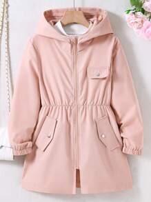 SHEIN Tween Girl 1pc Flap Detail Hooded Coat - Pink - View 1