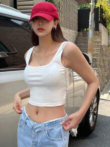 DAZY Chất rắn Đan chéo phía sau Crop Tank Top - trắng - Xem 4
