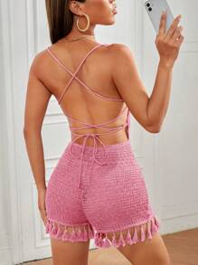 SHEIN PETITE 露背繫帶流蘇下擺吊帶連體短褲 - 粉色 - 查看 1