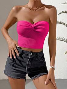 SHEIN VCAY Twist Front Tube Knit Top - Hot Pink - View 4