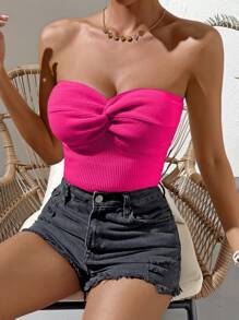 SHEIN VCAY Twist Front Tube Knit Top - Hot Pink - View 5