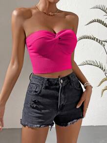 SHEIN VCAY Twist Front Tube Knit Top - Hot Pink - View 6