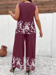 SHEIN LUNE Plus Plants Print Tank Top & Wide Leg Trousers - Maroon - View 2