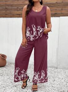 SHEIN LUNE Plus Plants Print Tank Top & Wide Leg Trousers - Maroon - View 4